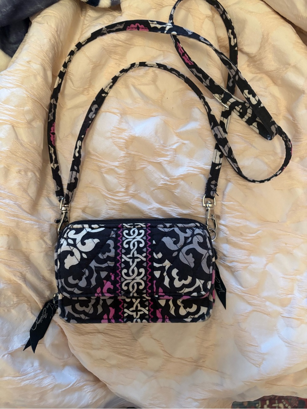 Vintage Vera Bradley Black White & Pink Quilted Crossbody Bag
